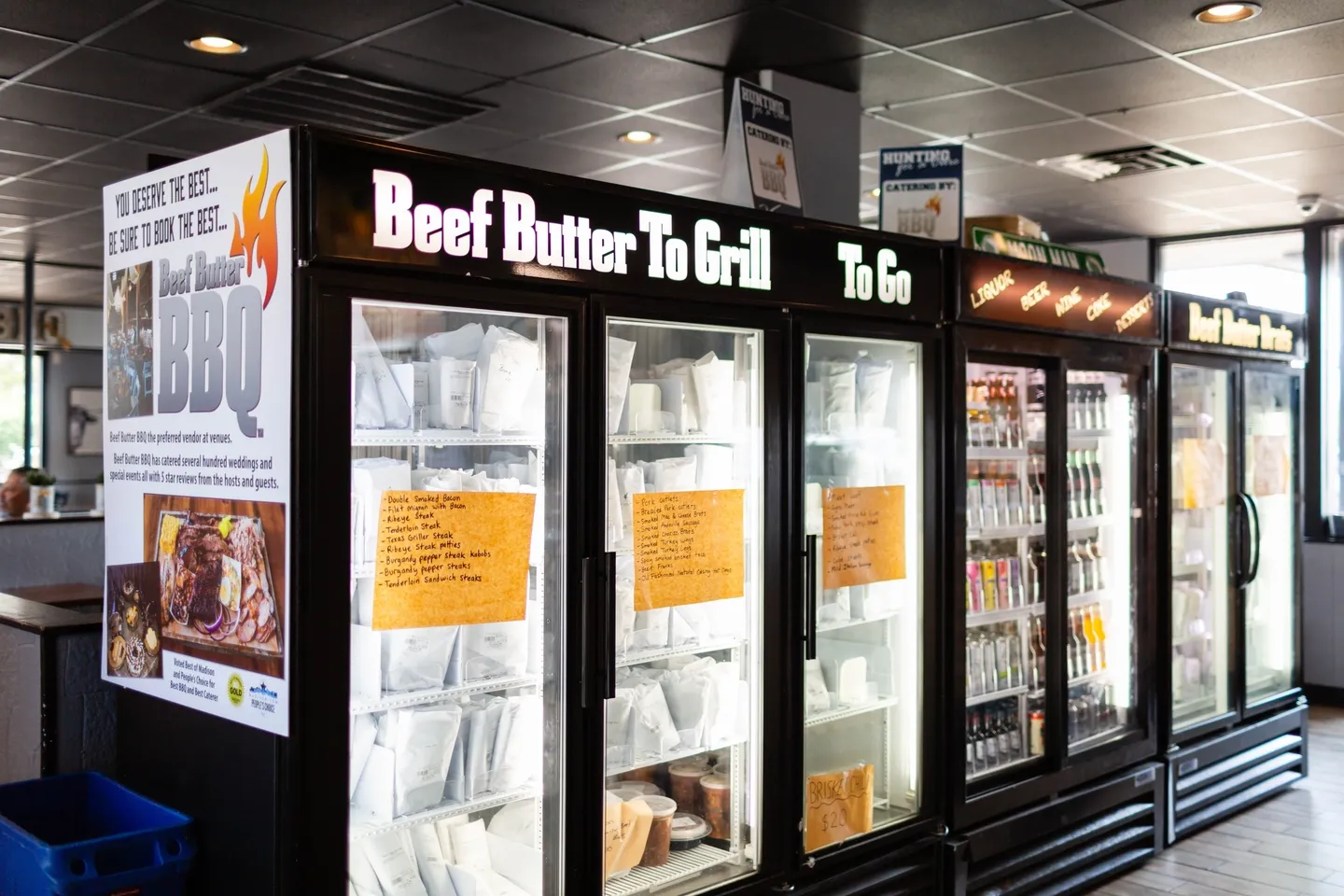 A freezer with different types of food in it.